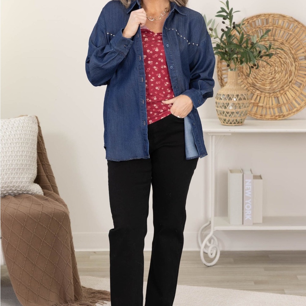 Studio Dark Blue Denim Button-Up Top - Picture 2 of 14